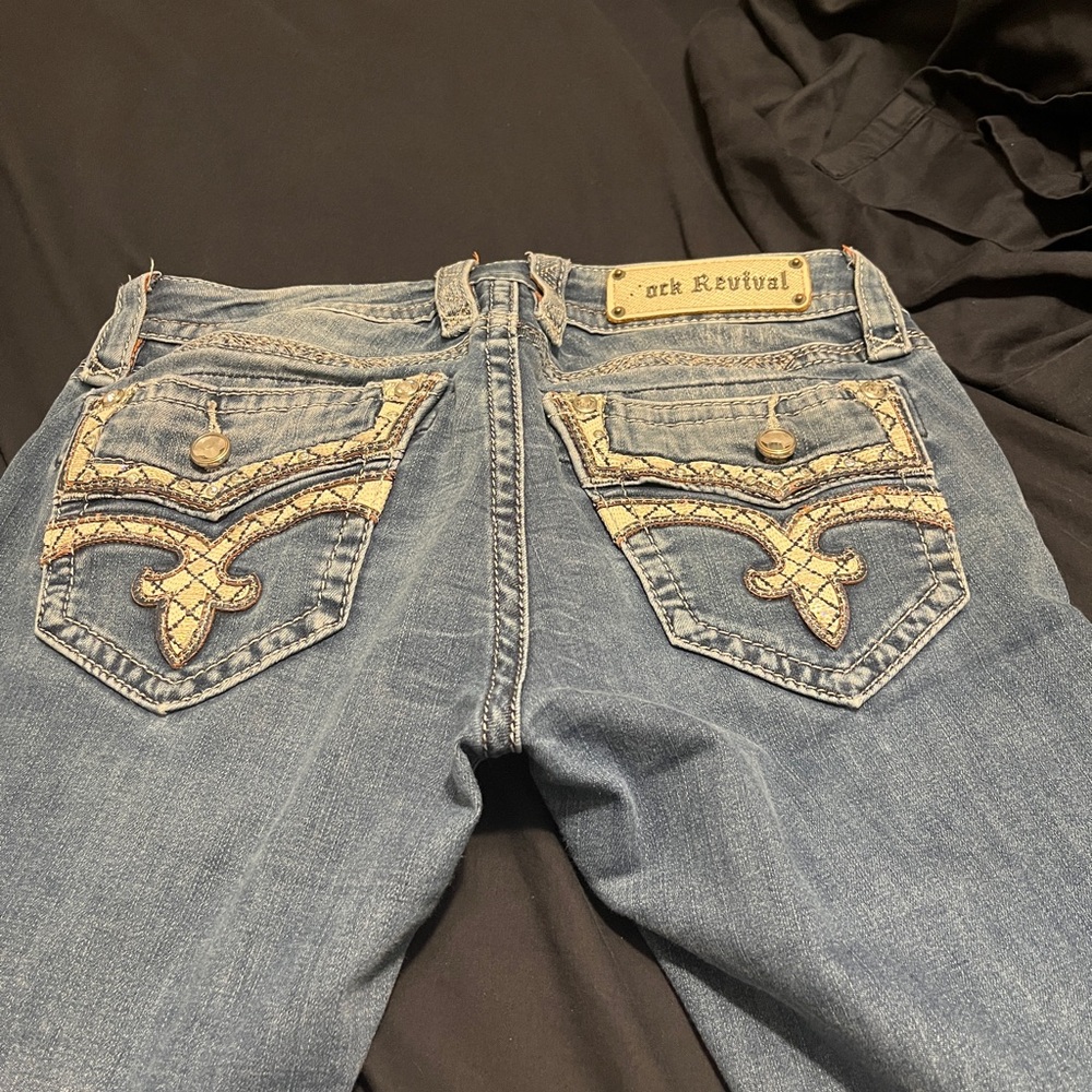 Rock Revival Denim Boot Cut Jeans with Beige Stitching